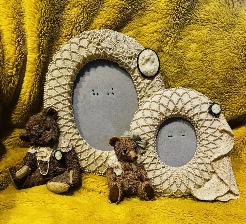 Fancy Frames Cameo Lace Ribbon Teddy Bear Lace Picture Frame Set Of 2 Victorian